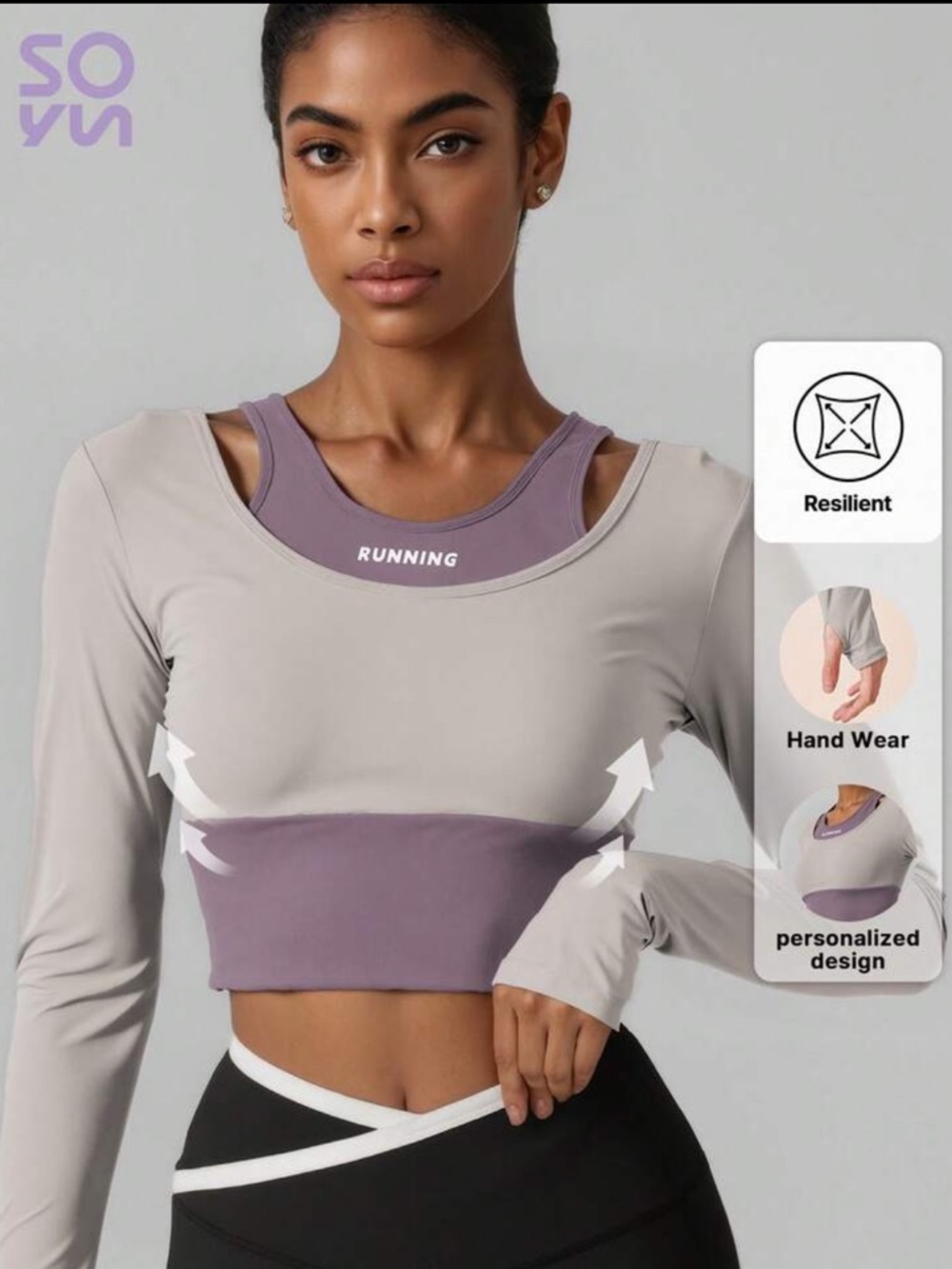 Colorblock Long-Sleeve Running Crop Top in Light Gray and Mauve